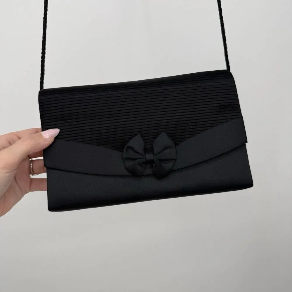 La Regale Black Satin Bow Crossbody Bag Purse Evening Formal Classic Timeless